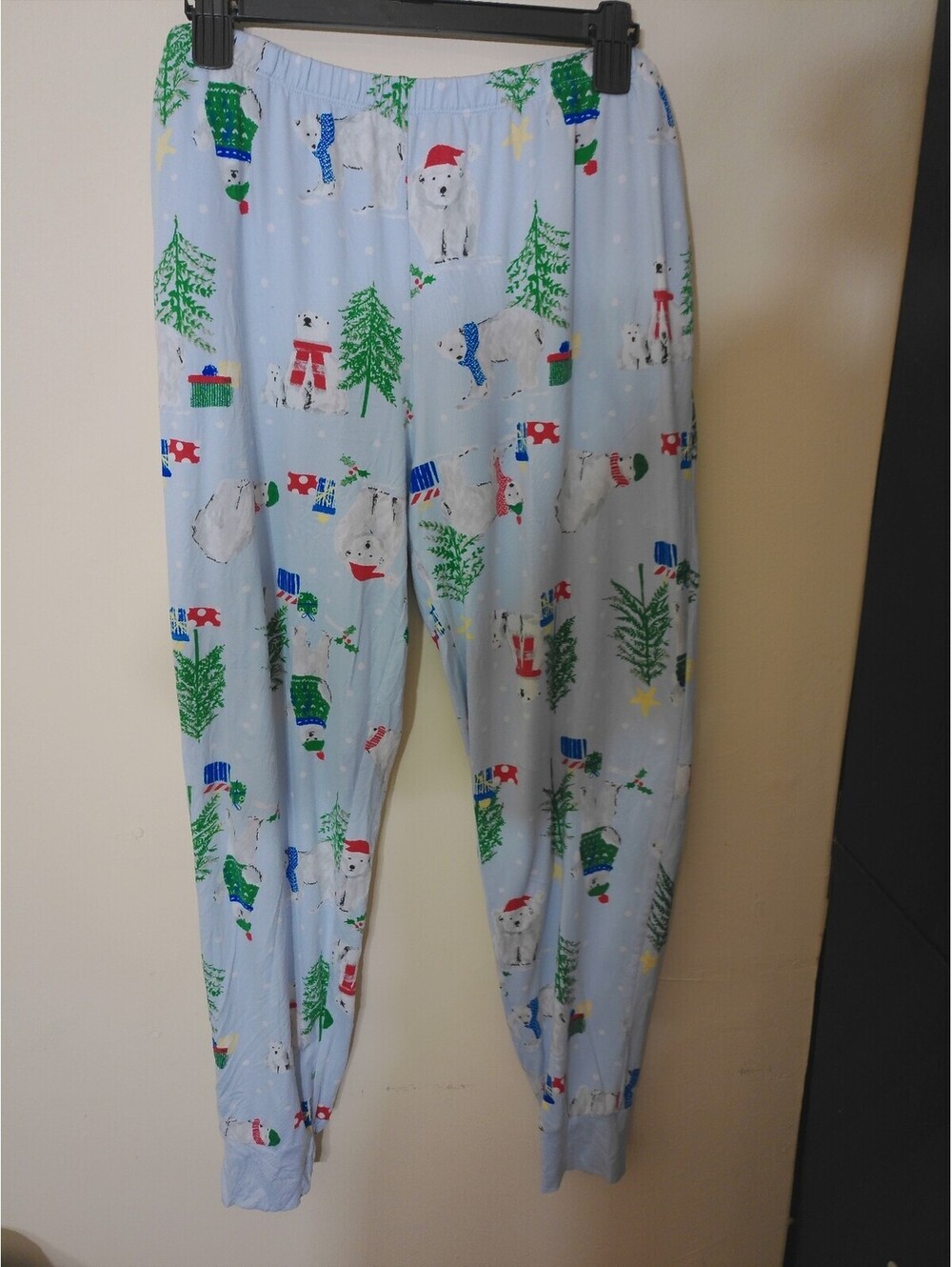 Womens Pajama Pants Christmas Polar Bear Print Size L Blue Holiday Lounge Jogger